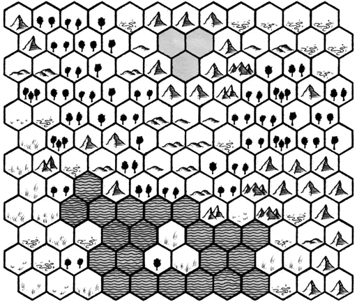 A map of a black and white hexcrawl for TTRPGs. In the south there is a small island amidst water, a mountain range frames the lanscape to the east, while the rest is mostly grassland and forests