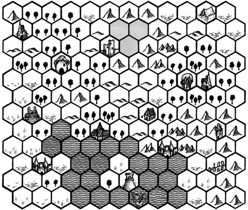The same hexcrawl map as in the post above but now with added features like cities, towns, graveyards, ruins and a shipwreck just southeast of the lighthouse.