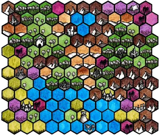The same map as above but with brightly colored tiles and icons. The problem I want to show here is that the drawn icons and the feature icons overlap badly making the map hard to read. But the color scheme is quite pleasing and the map is nice to look at.